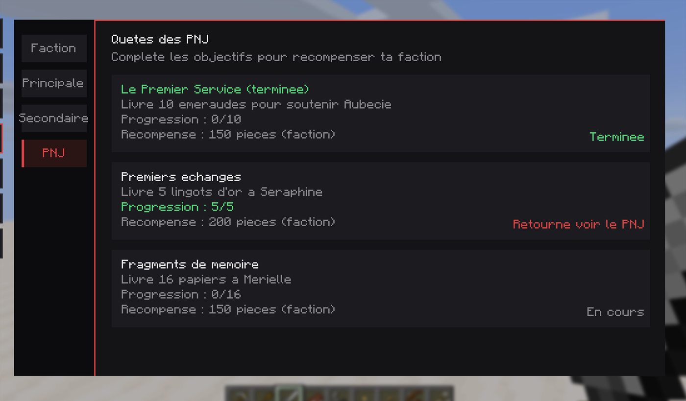 Onglet Quêtes, filtré sur les quêtes PNJ