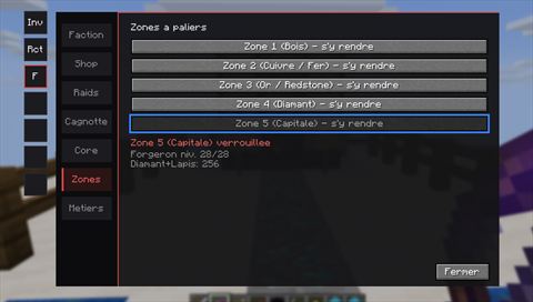 Menu Zones avec conditions de déblocage